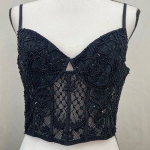 Dyspnea P***y Posse Black Lace Beaded Boned Lace Bustier Corset Top size 10
